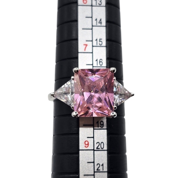 Heera Moti HMI Sterling Silver 3-Stone Radiant Cut Pink Topaz CZ Cocktail Ring - Picture 3 of 4